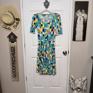 NWT Lularoe Nicole Multicolor Abstract Print Stretch Fit and Flair Dress Sz XS